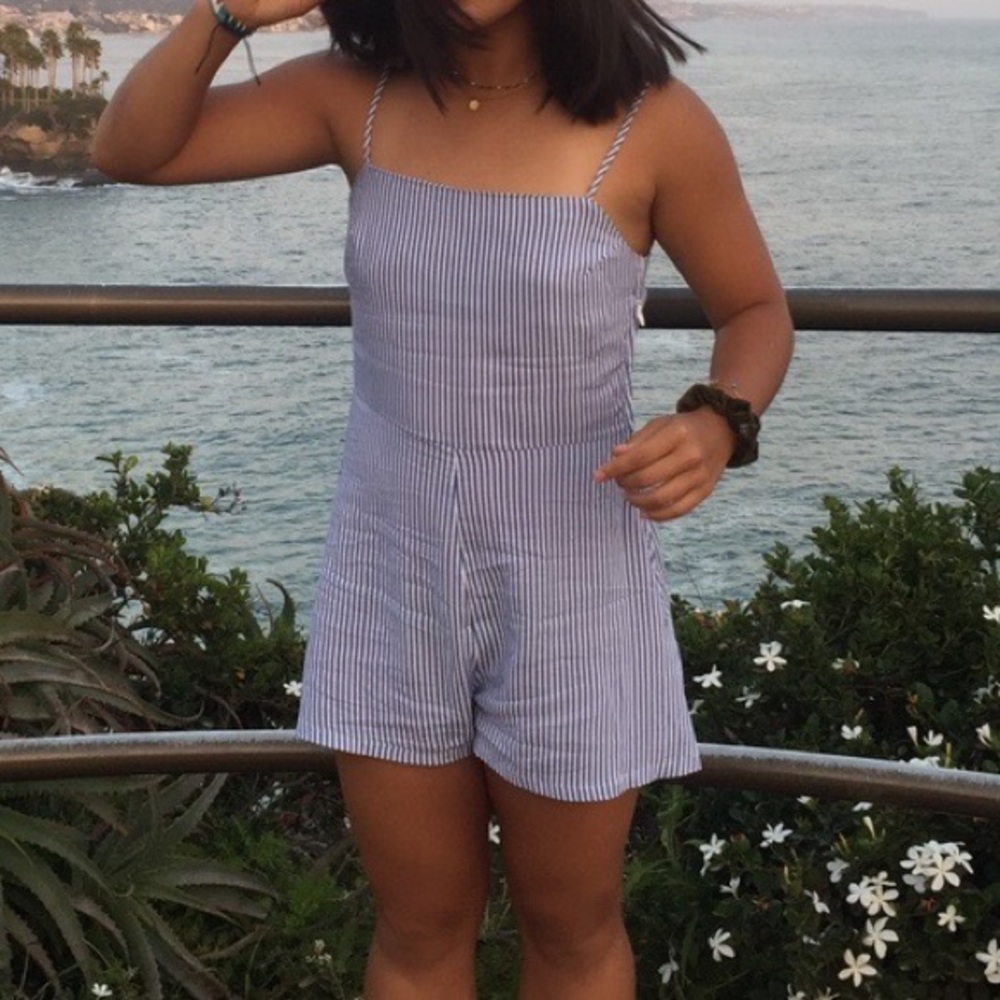 Blue and white pinstriped romper